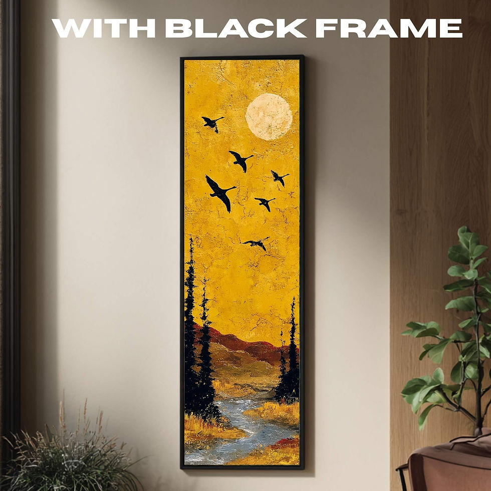 Thumbnail: Tall Narrow Wall Art | Golden Landscape Canvas Print | Birds Moon