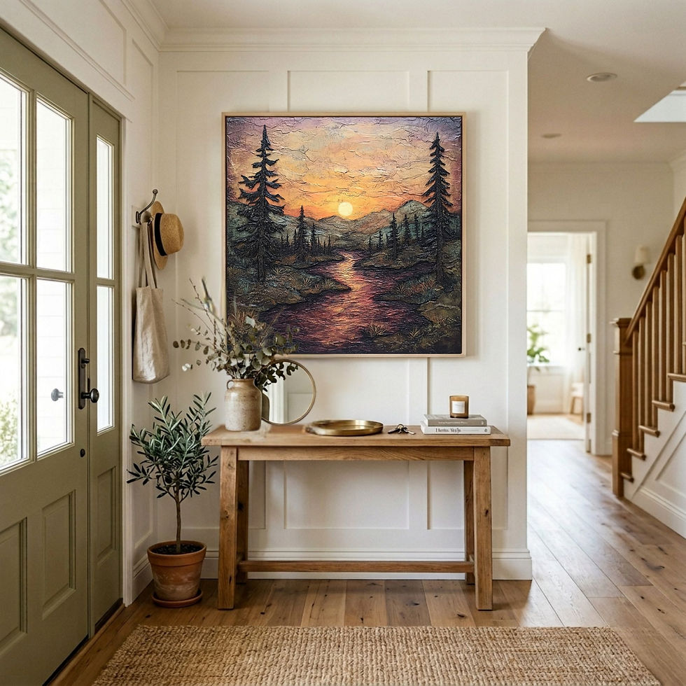 Entryway landscape wall art featuring a textured sunset over mountains and river