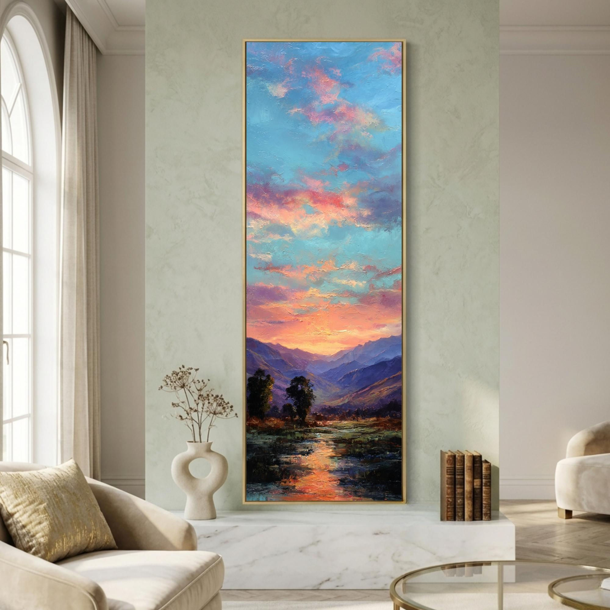 Tall Narrow Landscape Wall Art | Mountain Sunset Canvas Print