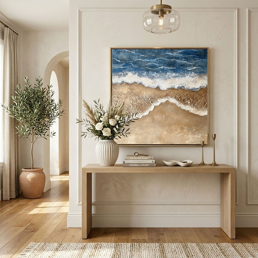 Coastal beach artwork with blue and sand tones