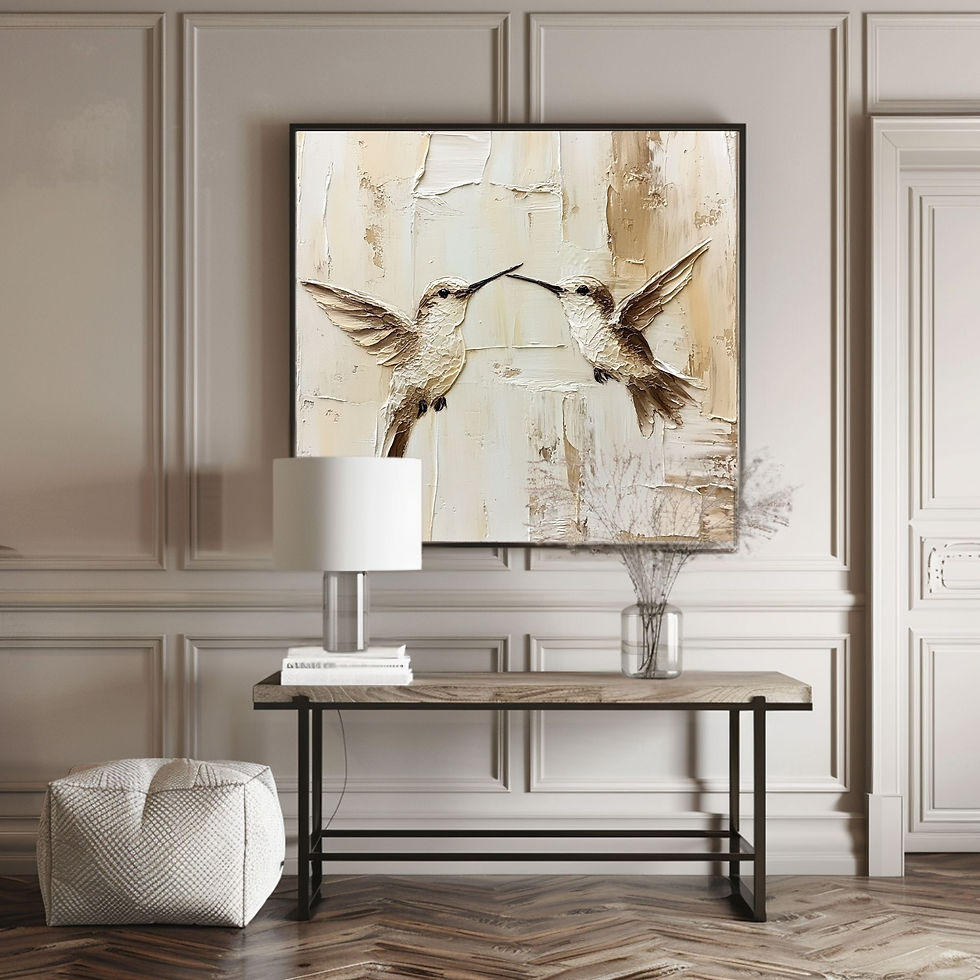 Square textured wall art of two hummingbirds meeting, neutral tones