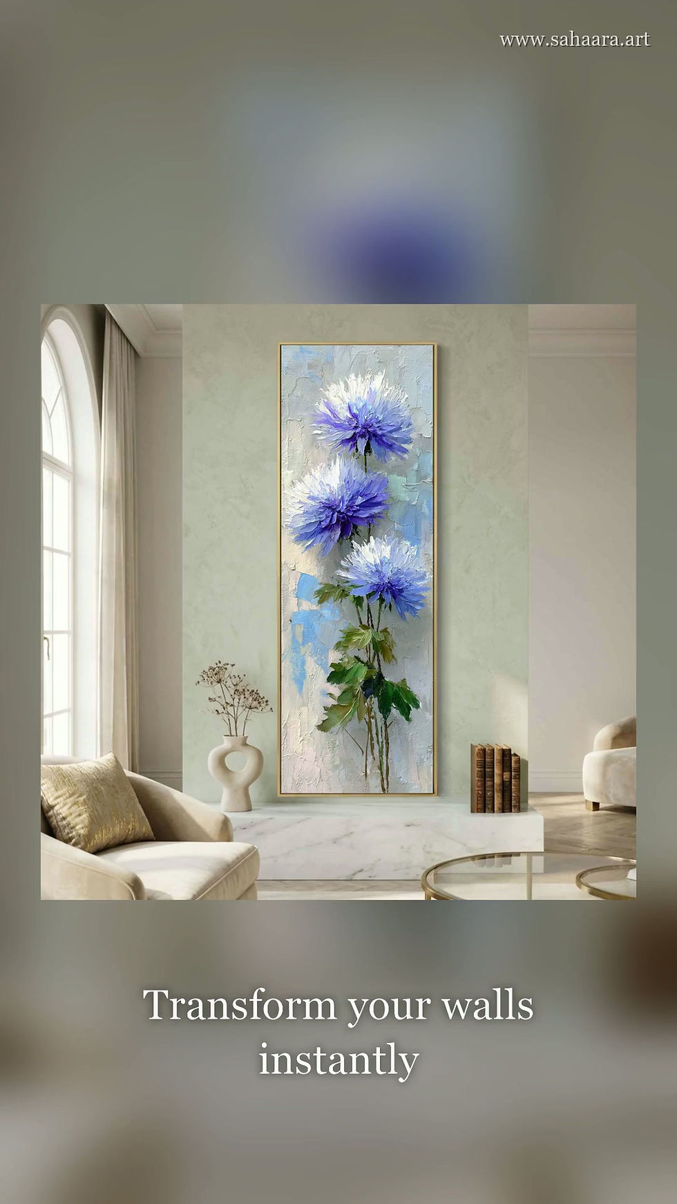 Thumbnail: Tall Narrow Blue Floral Canvas Wall Art