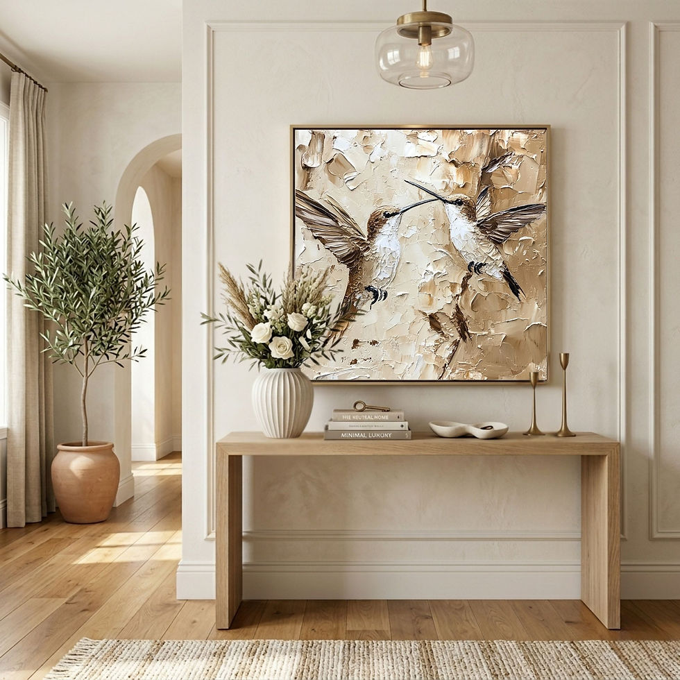 Thumbnail: Entryway statement piece: textured hummingbird artwork in cream and brown