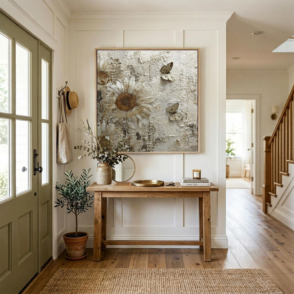 Textured square wall art of sunflowers and butterflies for entryway