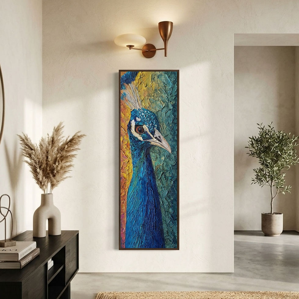 Textured artwork of a peacock's head and neck
