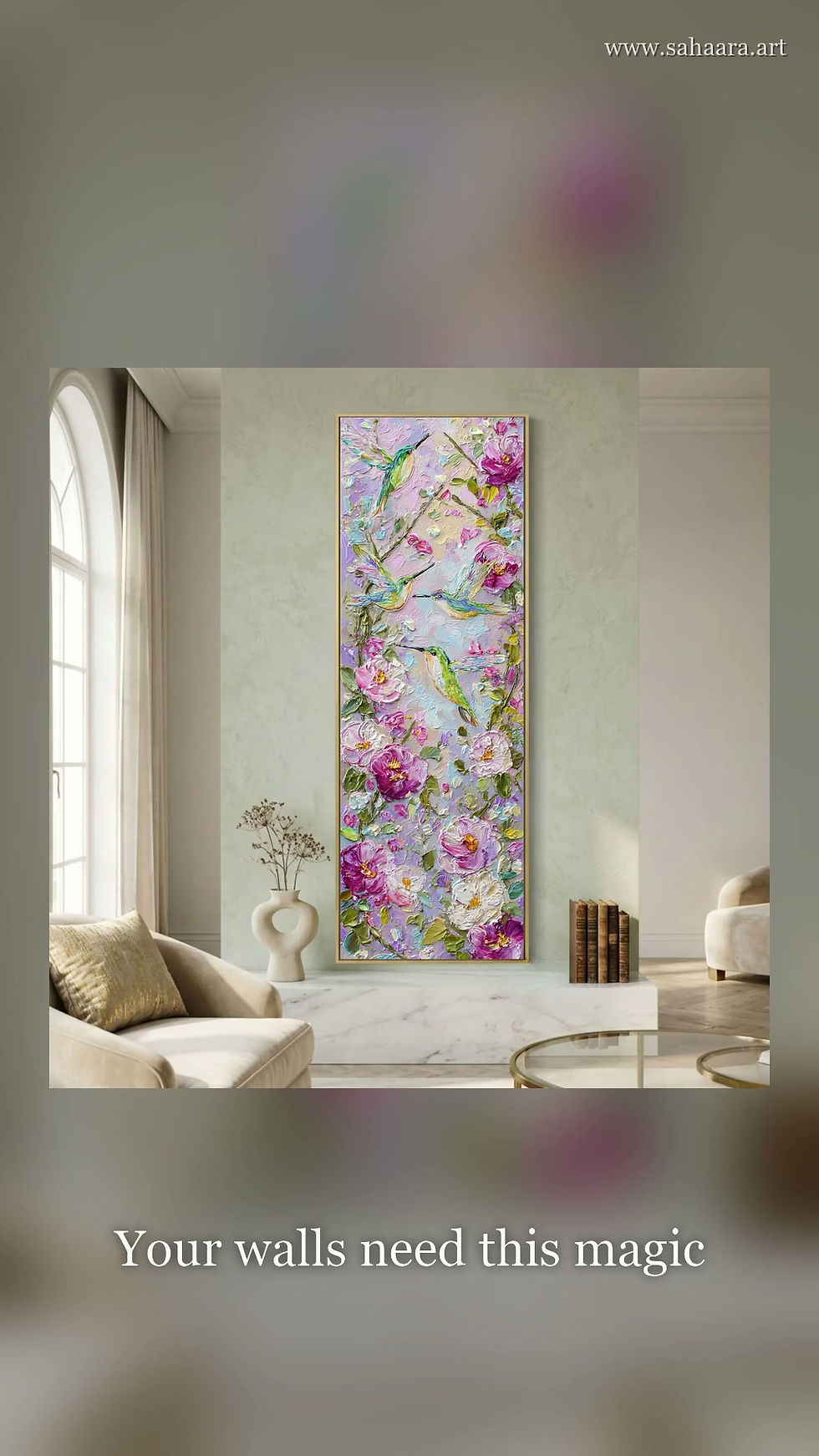 Thumbnail: Nursery Wall Art: Hummingbirds & Floral Canvas | Tall Art