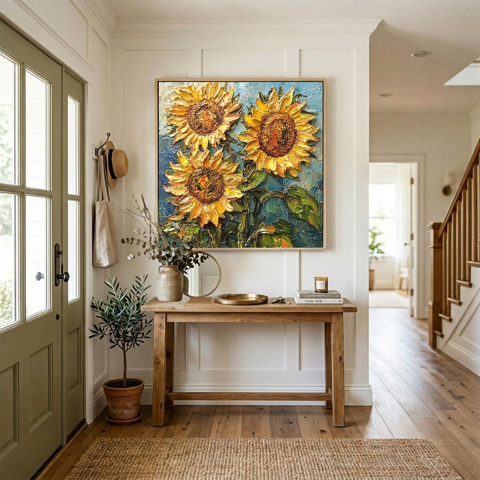 Thumbnail: Square wall art of three textured sunflowers with yellow petals and brown centers.