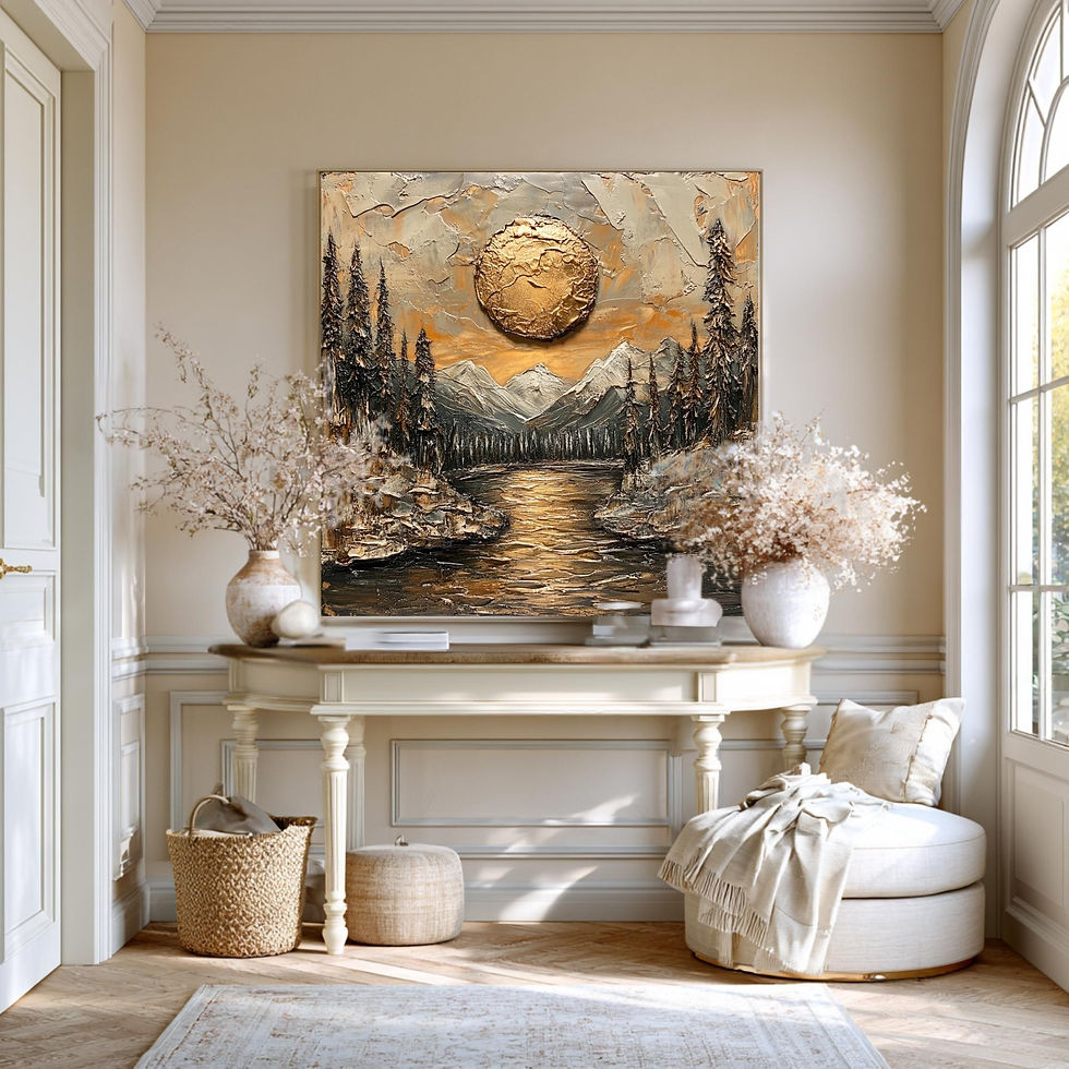 Thumbnail: Rustic entryway art with a textured depiction of a serene natural scene.