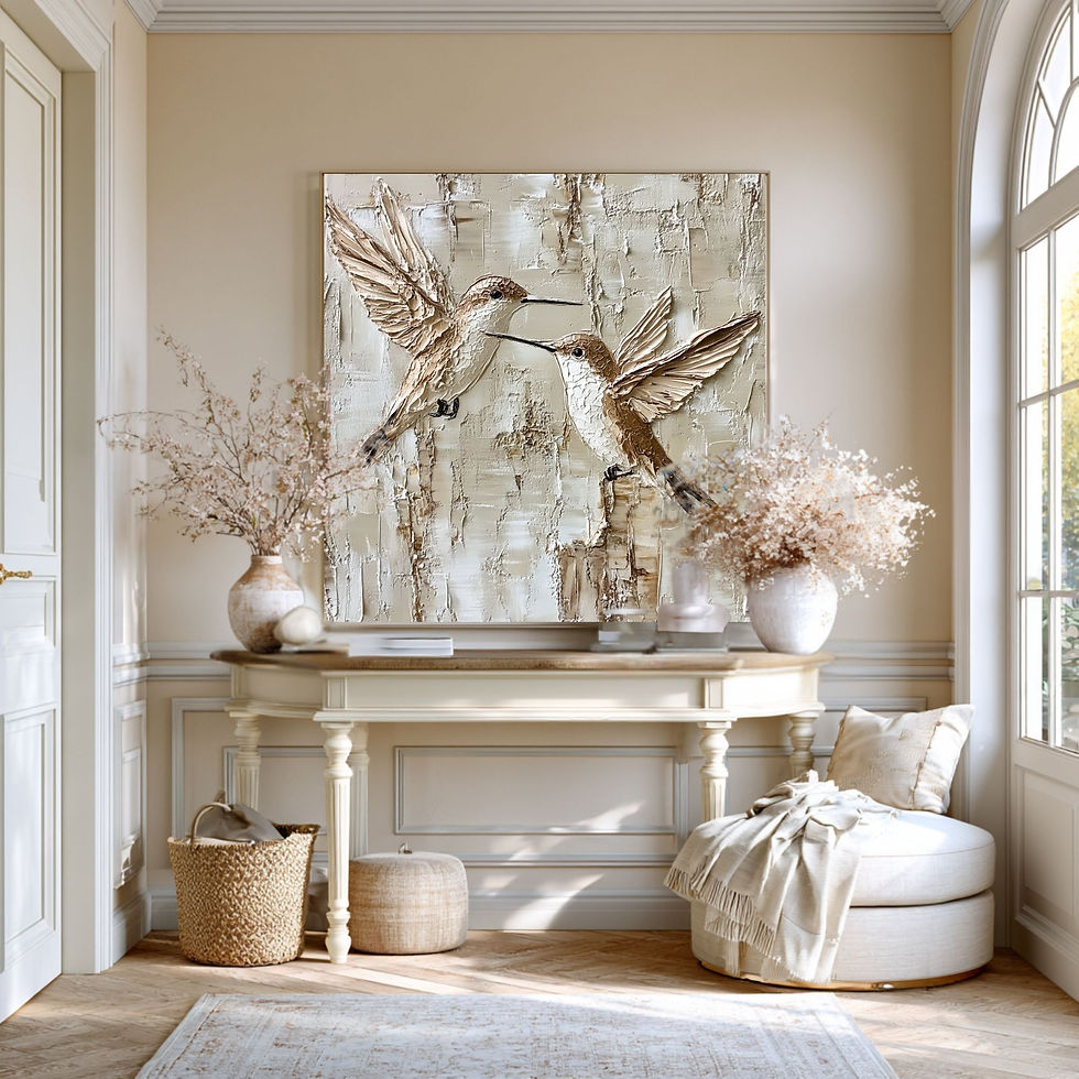 Thumbnail: Square textured wall art of two hummingbirds in neutral tones for entryway