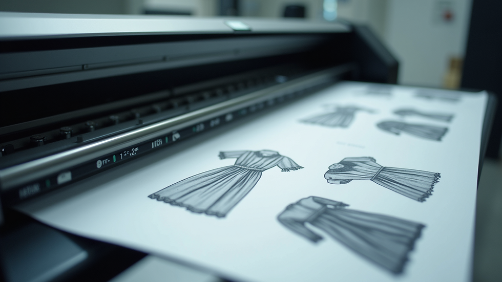 Eye-level view of a garment pattern being printed on a plotter