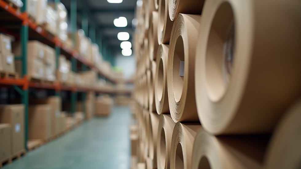 Close-up view of eco-friendly paper rolls stacked in a warehouse
