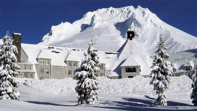 The Overlook Hotel covered in snow