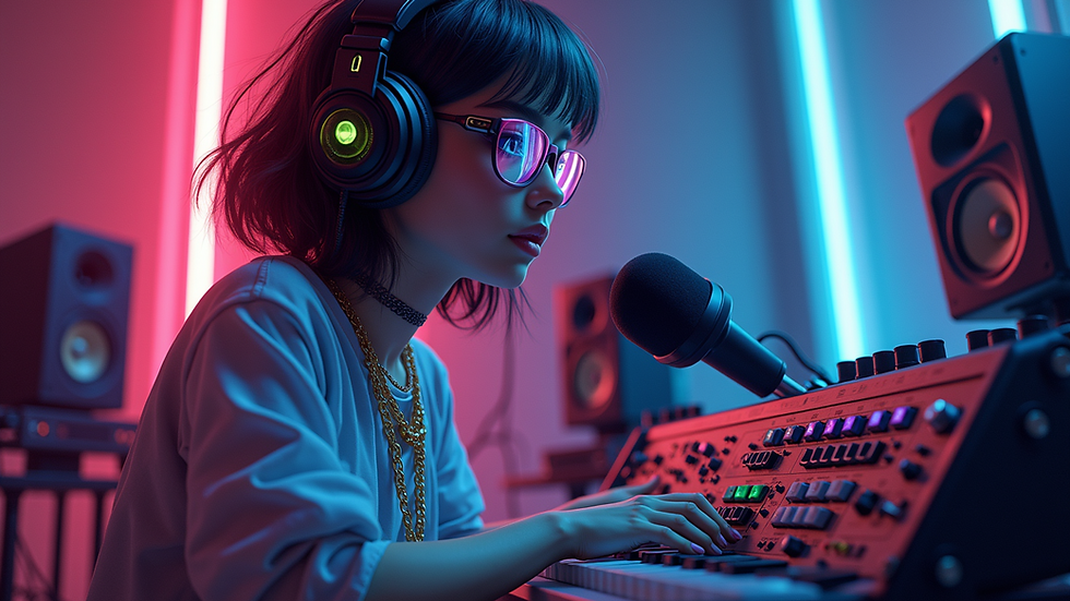 Eye-level view of a music studio with recording equipment and a microphone