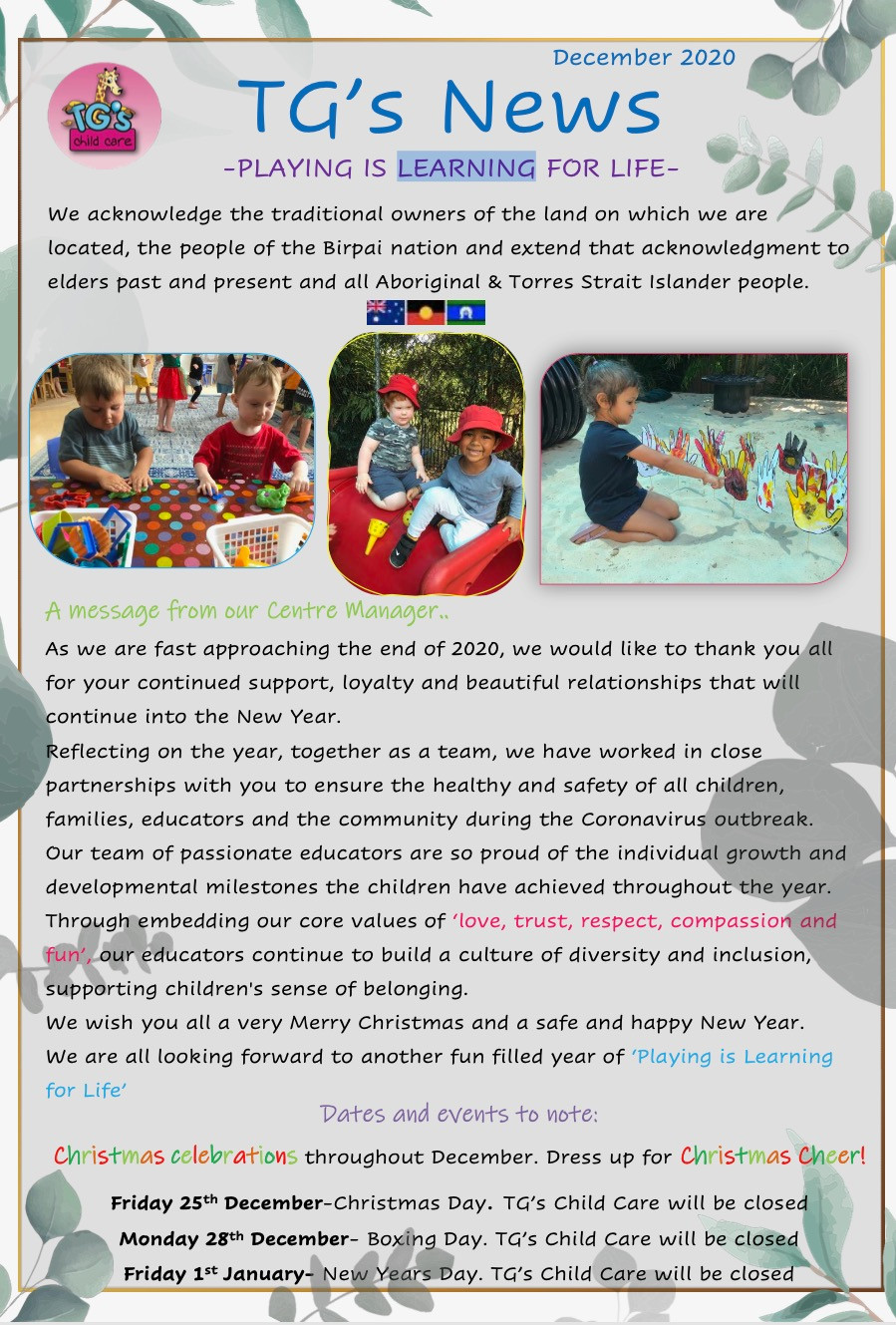TG´s Child Care High Street December 2020 updates playing is learning for life through Christmas, summer and graduation