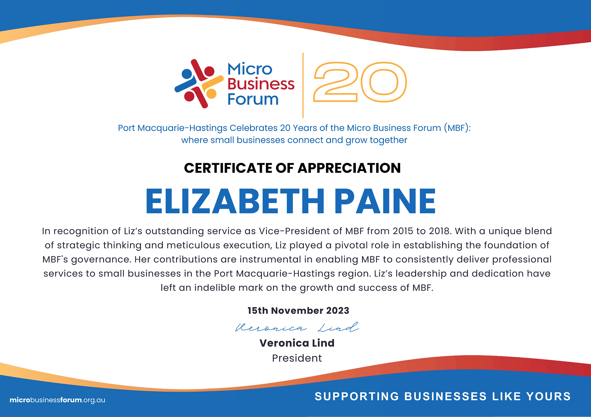 Certificate of Appreciation Elizabeth Paine | Micro Business Forum