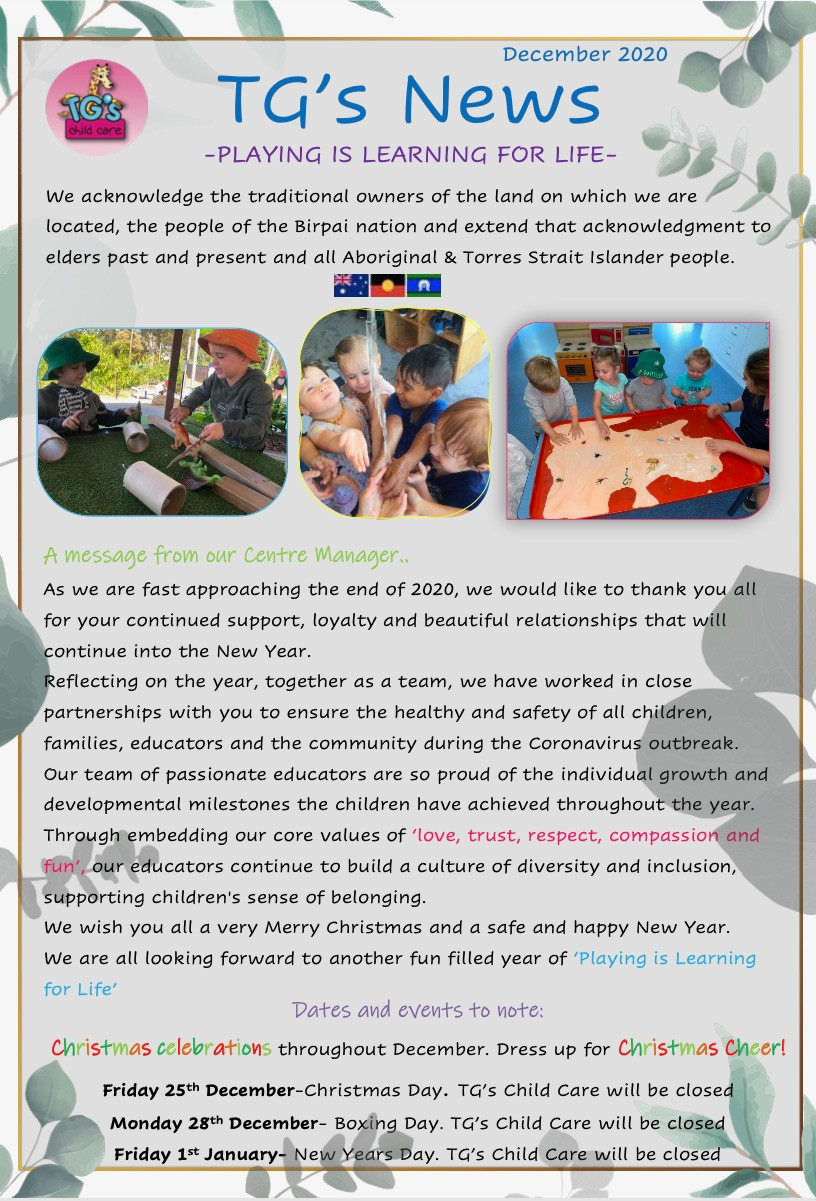 TG´s Child Care Riverbreeze December 2020 updates playing is learning for life at TG´s through Christmas, summer and graduation