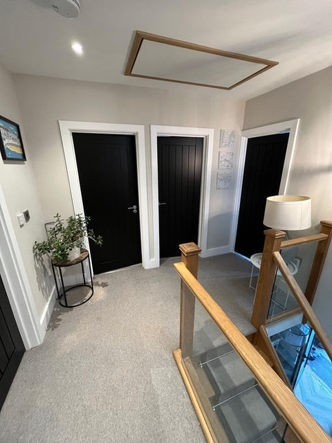 Hallway with three doors, a plant on a table, and a staircase with a glass railing leading down.