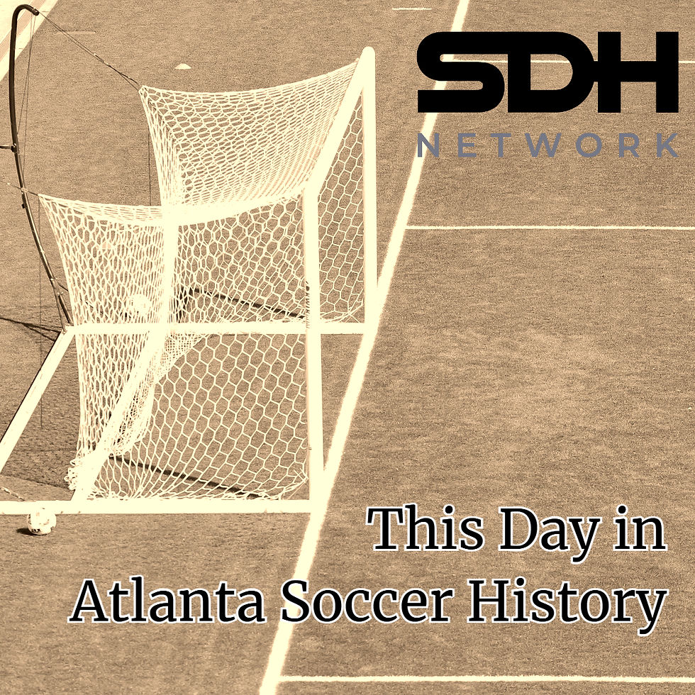 Soccer goal on a field with SDH Network logo and the text This Day in Atlanta Soccer History