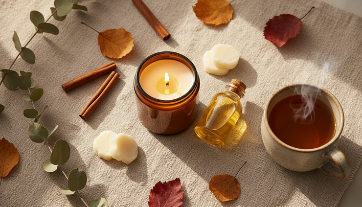 Overhead view of fall self-care items arranged with a candle, oil bottle, and wax melts