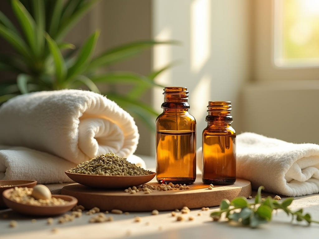 A serene wellness environment with botanical ingredients and soft lighting.