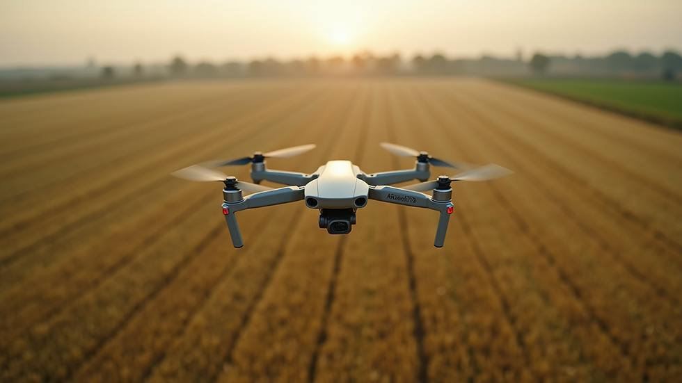 Eye-level view of a drone flying over a vast agricultural field
