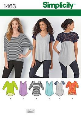 Sew a scoop neck, high low top with banded sleeves or great crossing back interest and three v neck tops with lace flutter sleeves, studs or a peekaboo lace neckline!