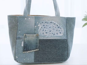 Upcycled Denim Patchwork Bag with Sashiko Embroidery