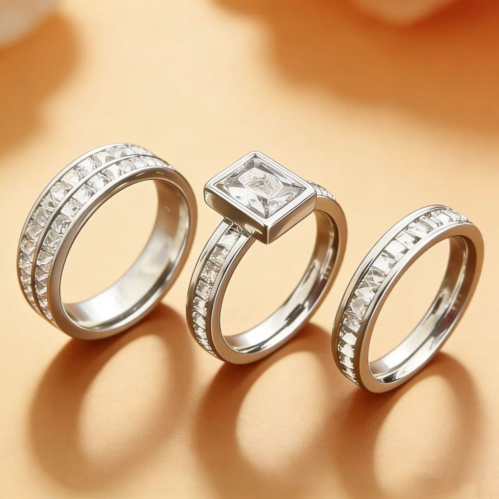 Thumbnail: 3PCS Set Gold Plated Zirconia (CZ)  Wedding Engagement Band Stainless Steel Ring