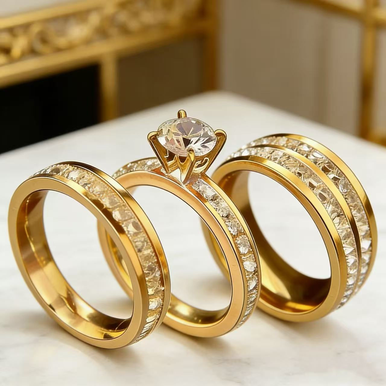 3PCS Set Gold Plated Zirconia (CZ)  Wedding Engagement Band Stainless Steel Ring