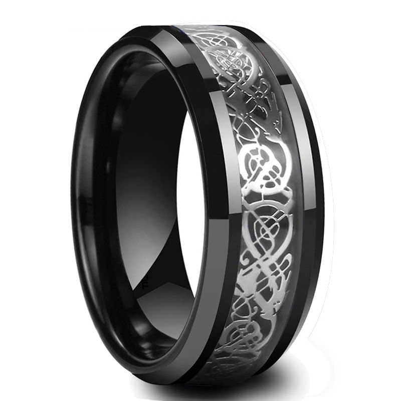 Thumbnail: Fashion 8mm Red Groove Beveled Edge Stainless Steel Celtic Dragon Rings for Men 