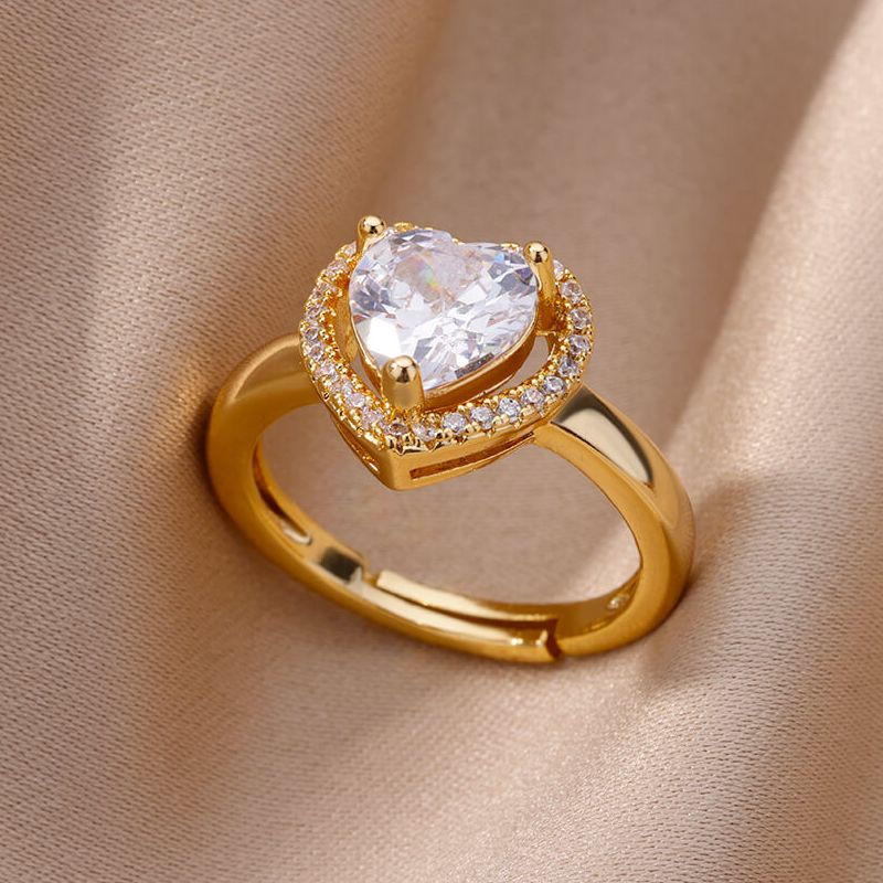 Stainless Steel Heart Rings For Women Zircon Gold Plated Heart Adjustable Ring F