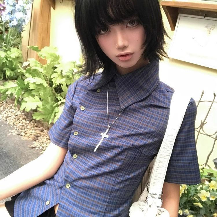 Thumbnail: Genayooa Vintage Plaid Casual Shirt Women Short Sleeve Y2k Tops Japanese 2000s S
