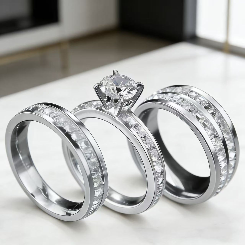 Thumbnail: 3PCS Set Gold Plated Zirconia (CZ)  Wedding Engagement Band Stainless Steel Ring