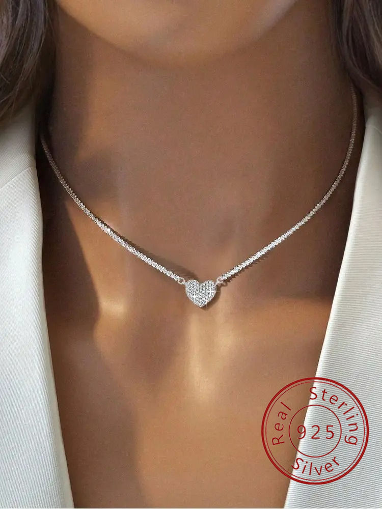 925 Sterling Silver Fashion Full Zircon Love Heart Necklace For Women Engagement