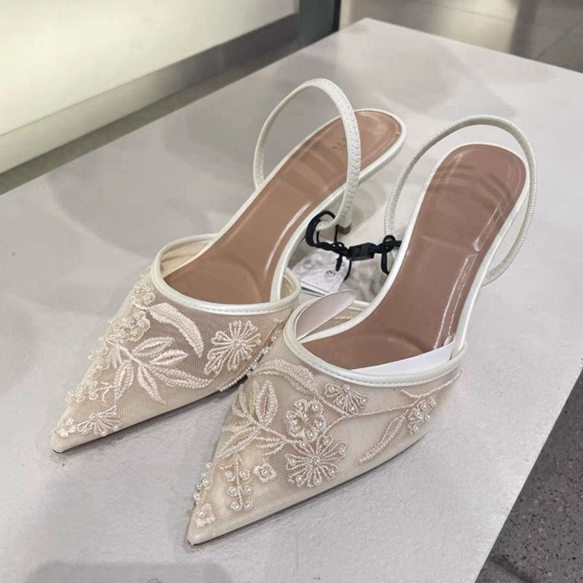Brand Designer White Women Pumps Mesh Embroidered Flowers Back Strap Sexy Slingb