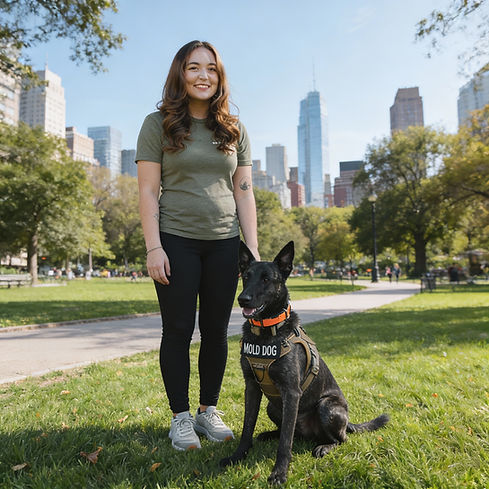 Young woman stands with black "SERVICE DOG" in urban park.