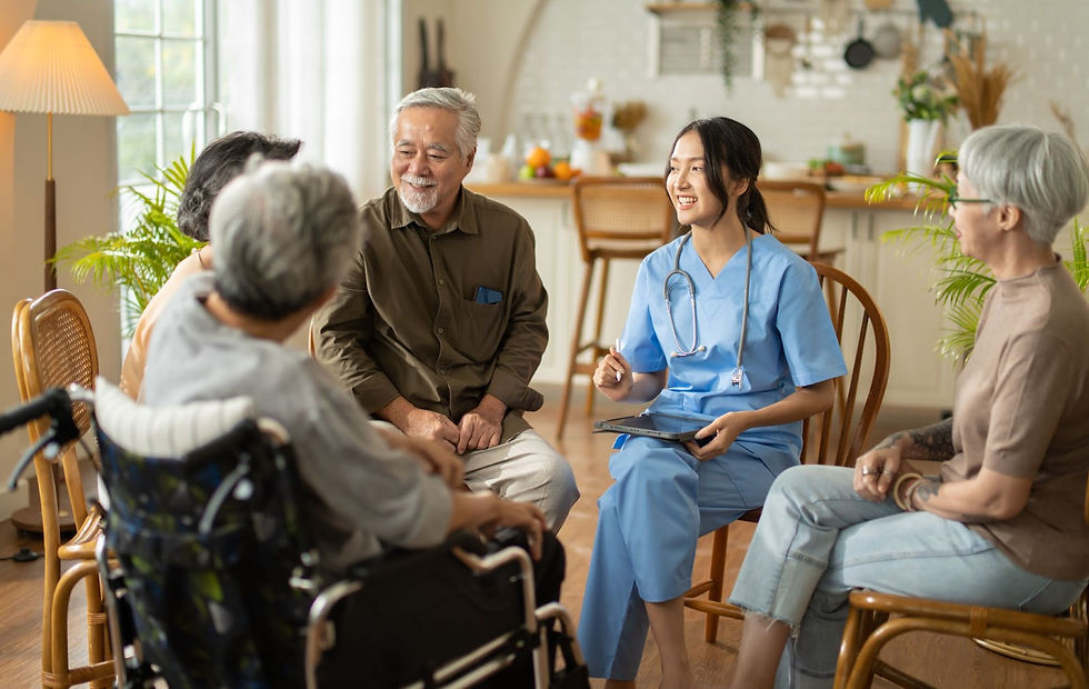 A diverse group of individuals sitting in a cozy living room at a memory care assisted living facility