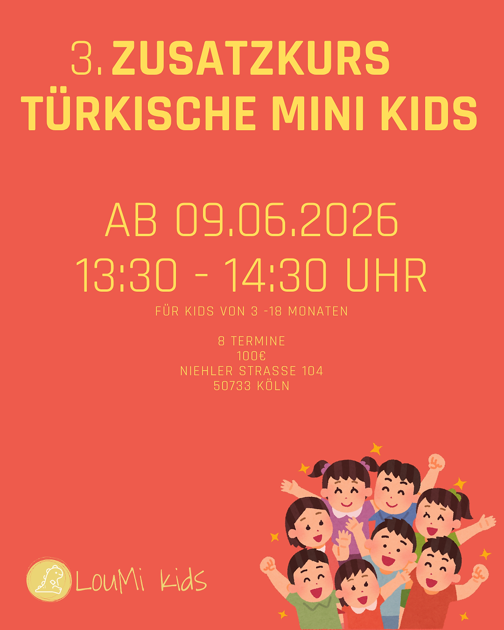 Aufgrund der hohen Nachfrage gibt es einen 3. Zusatzkurs „Türkische Mini Kids“✨ Sichert Euch jetzt Euren Platz, es sind nur noch wenige freie Plätze verfügbar! 💛