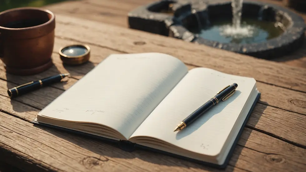 Eye-level view of an open notebook resting on a rustic wooden surface with a fountain pen beside it.