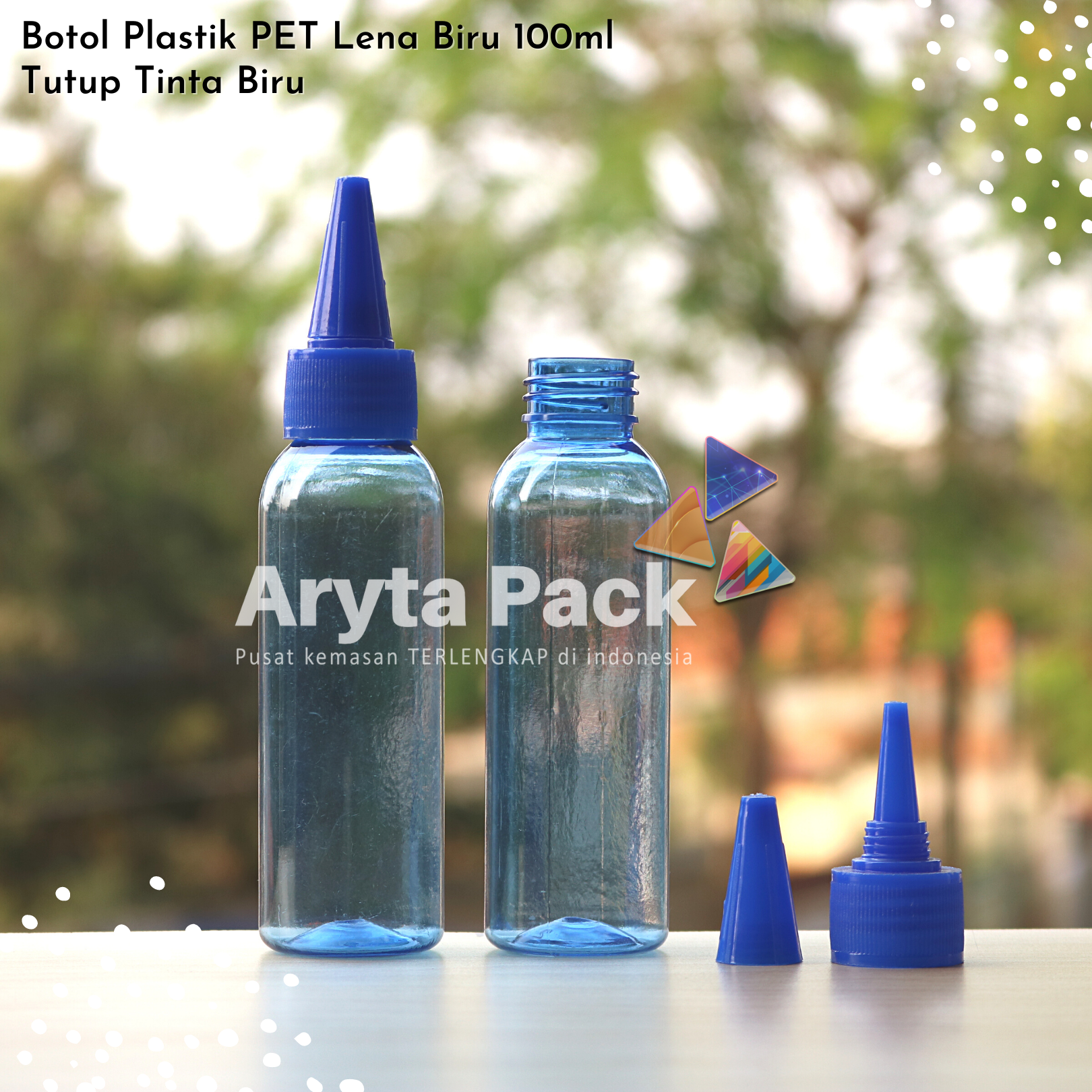 Botol plastik PET 100ml lena biru tutup tinta biru