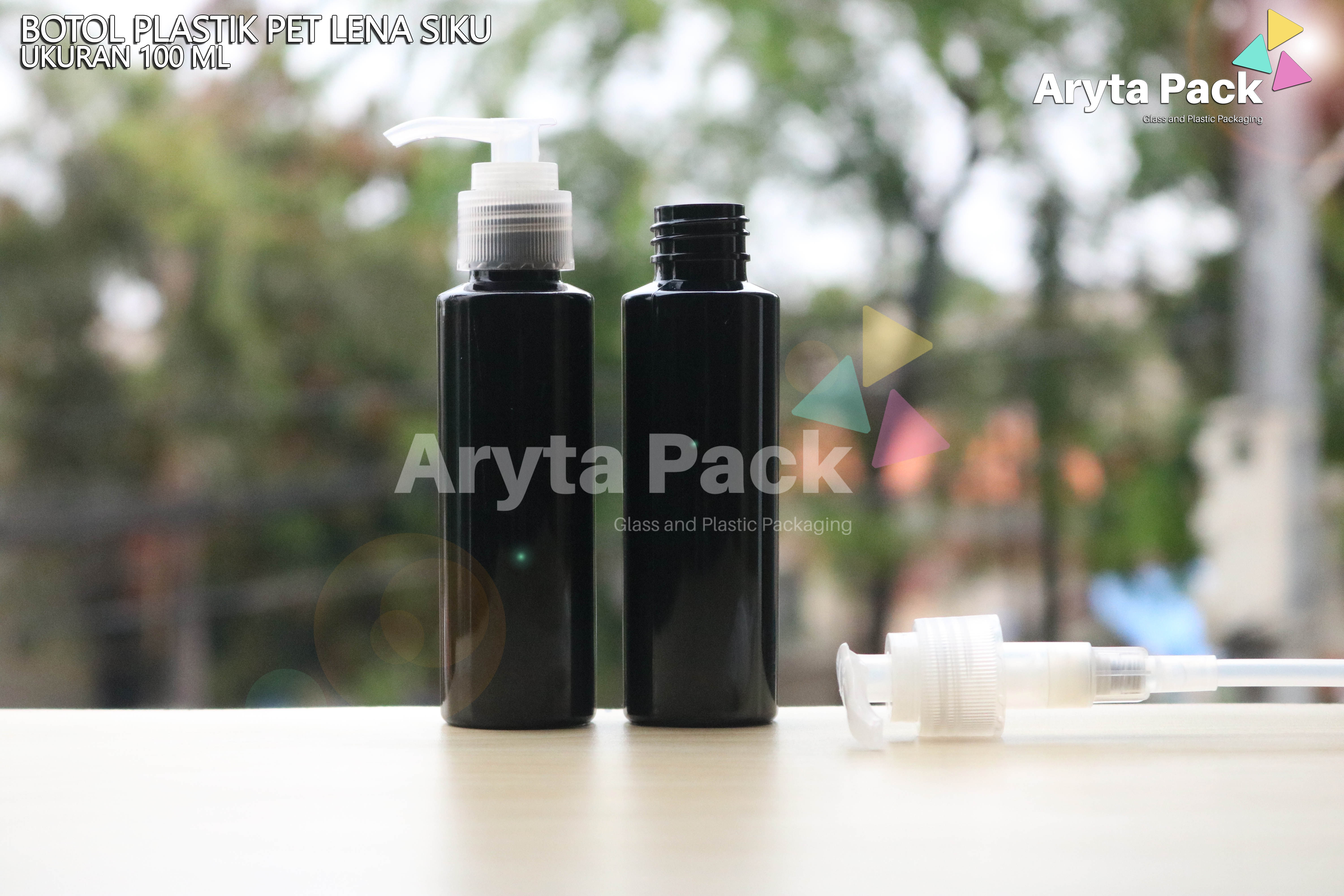 Botol plastik PET 100ml Lena siku hitam tutup pump natural