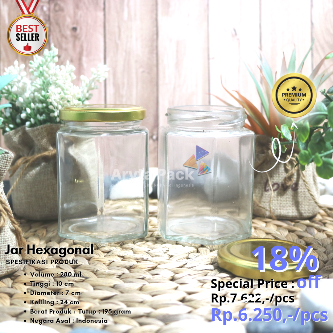 Jar kaca 280ml hexagonal glass jar toples tutup kaleng emas
