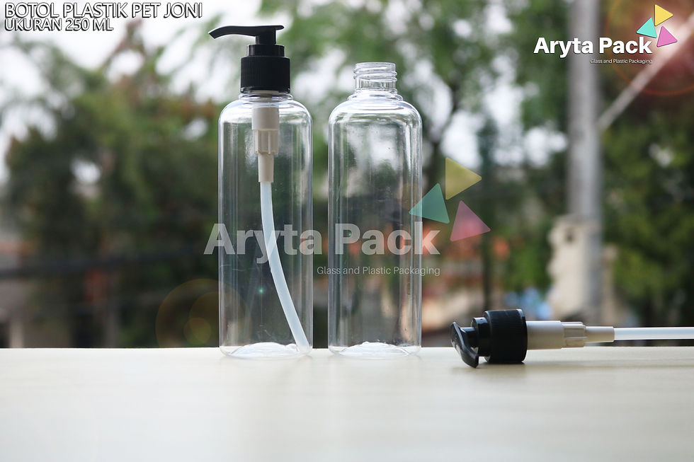 Botol plastik PET 250ml Joni natural tutup pump hitam