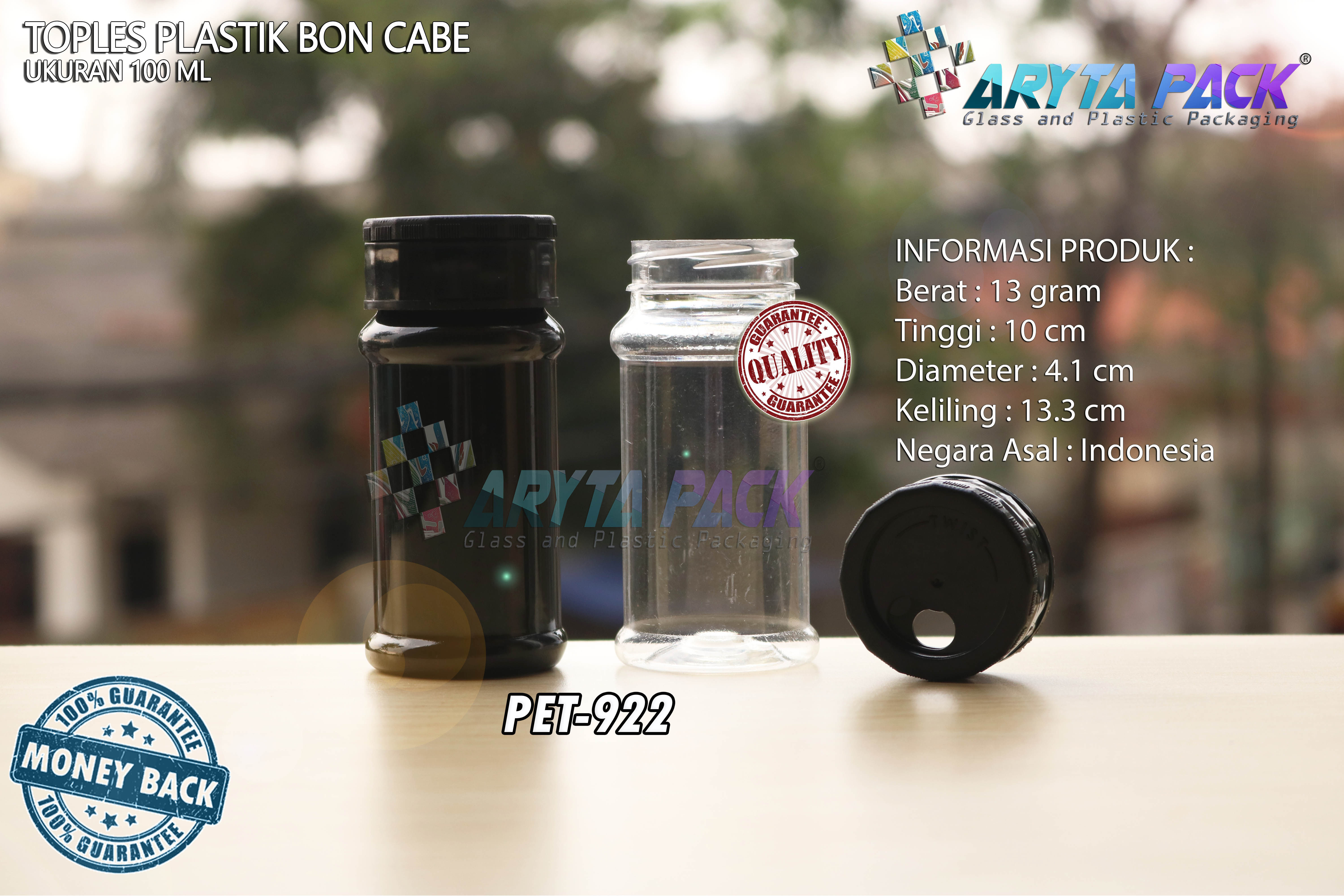 Toples plastik PET 100ml boncabe lurus tutup sliding hitam