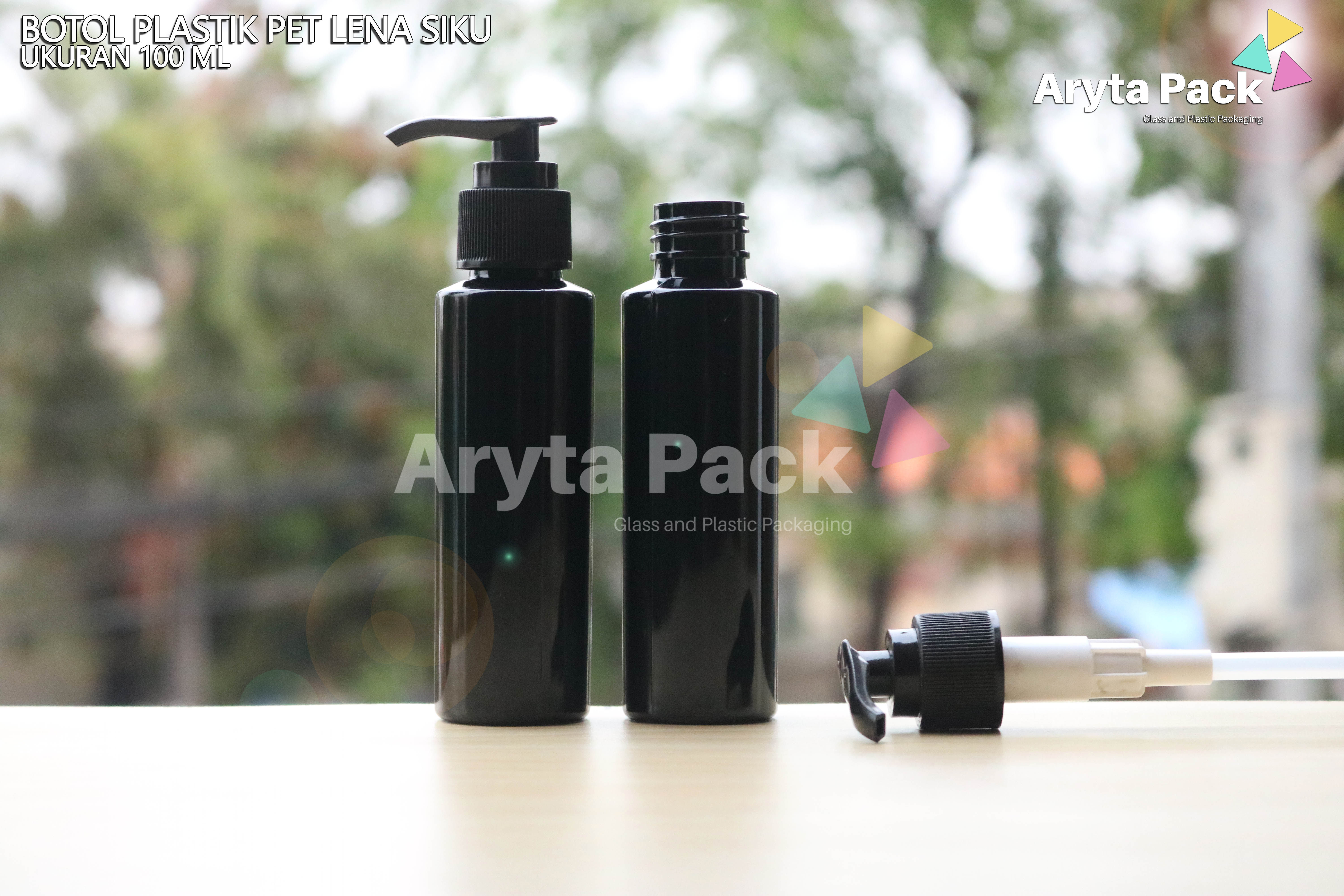 Botol plastik PET 100ml Lena siku hitam tutup pump hitam