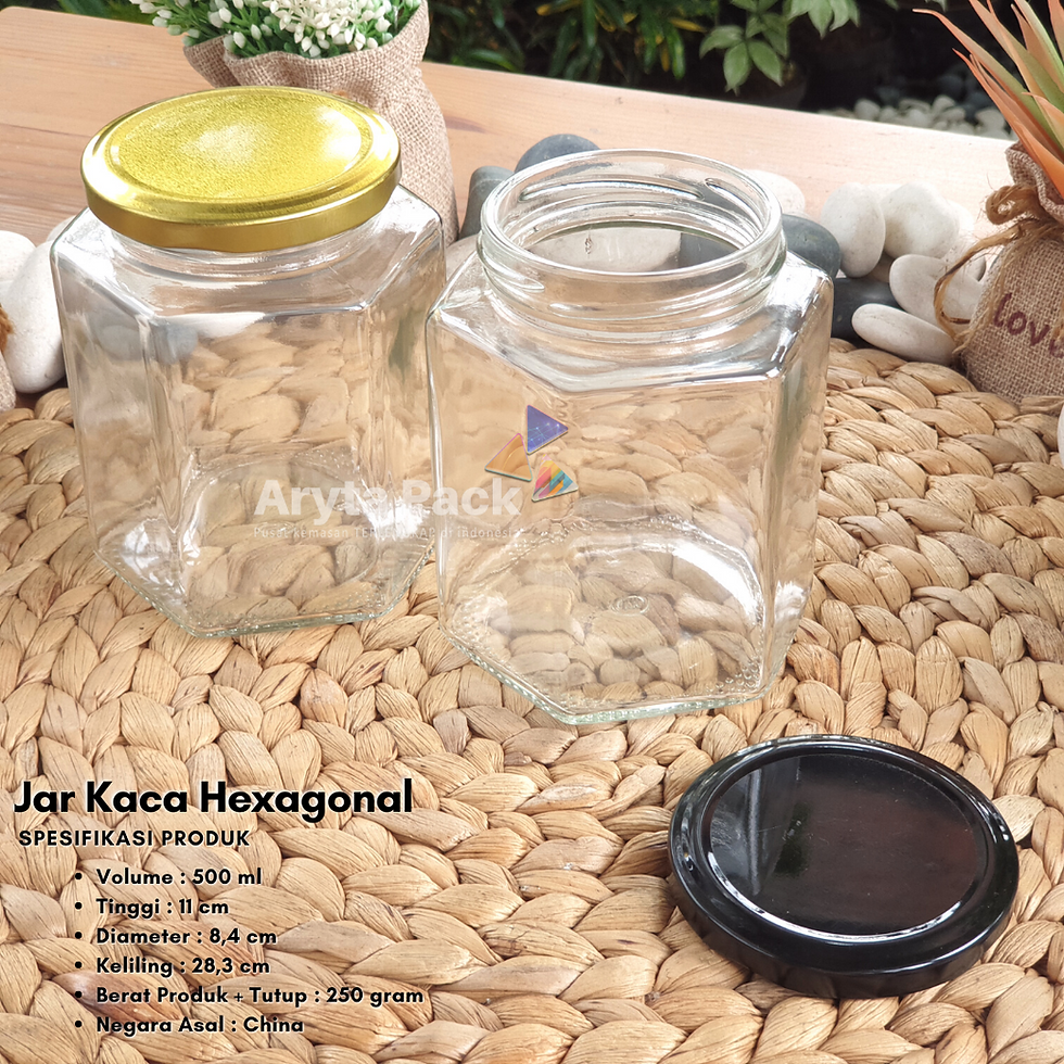 Thumbnail: Jar kaca 500ml hexagonal tutup kaleng emas/hitam