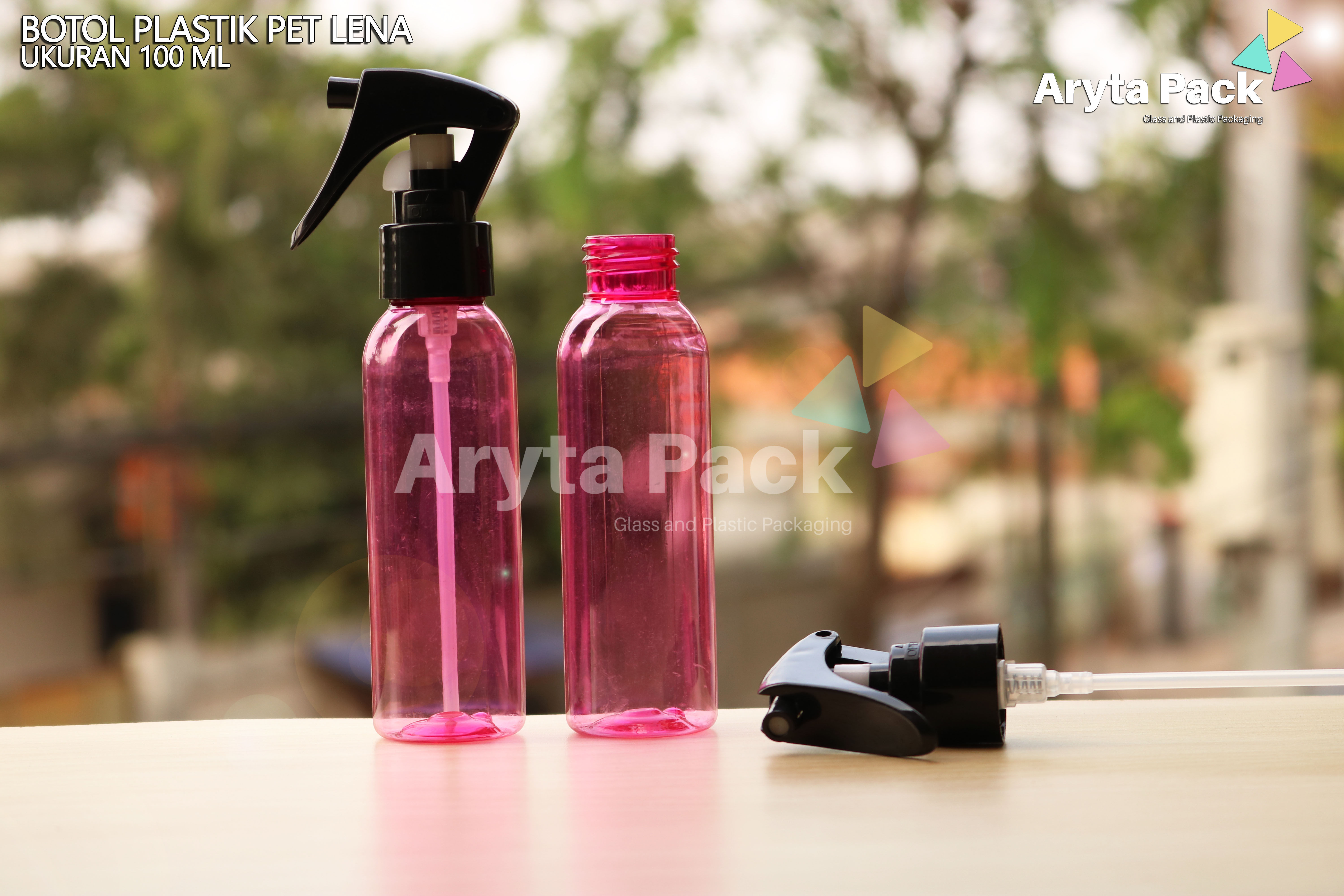 Botol plastik PET 100ml Lena pink tutup spray pistol hitam