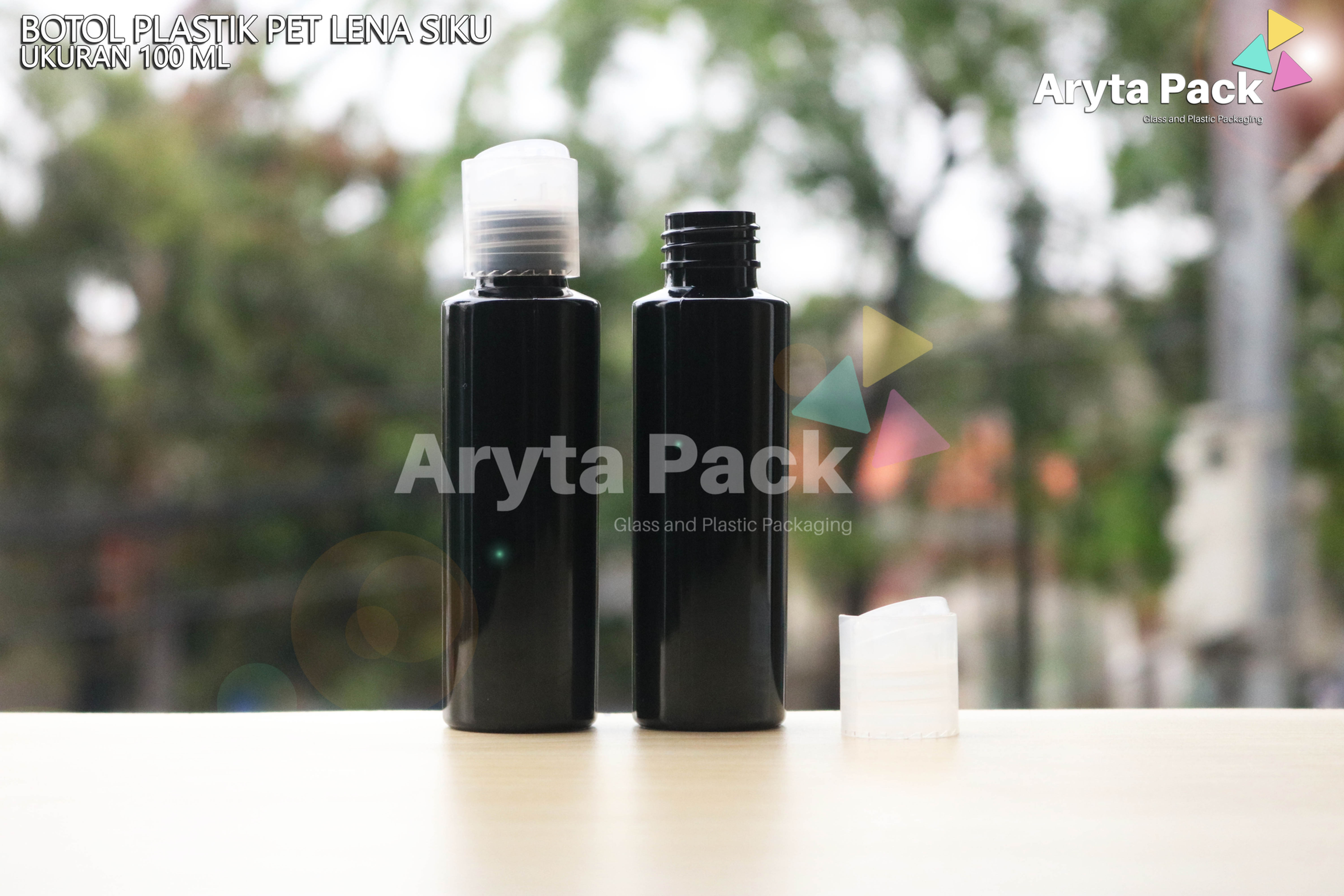 Botol plastik PET Lena siku 100ml hitam tutup press on natural