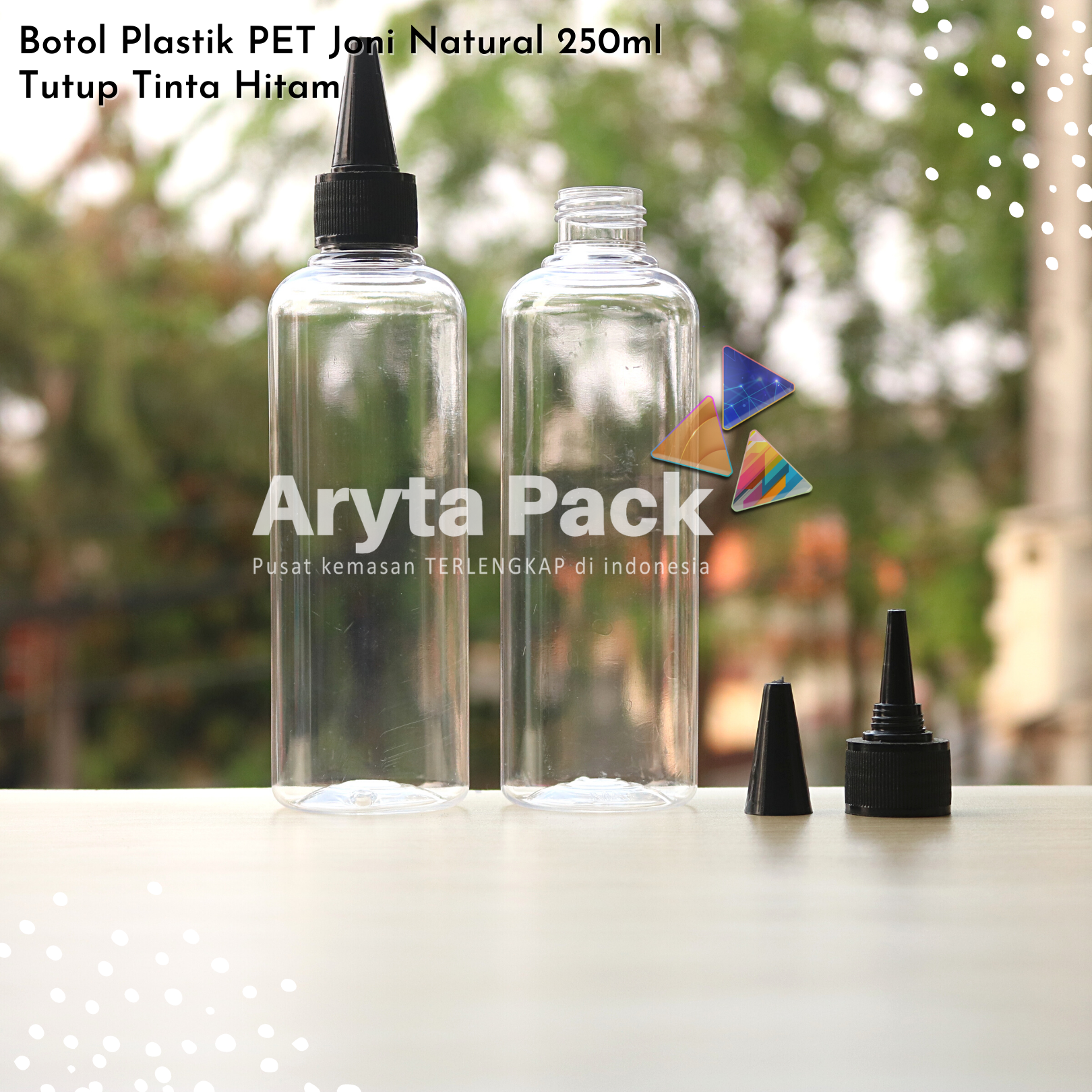 Botol plastik PET 250ml Joni tutup tinta hitam