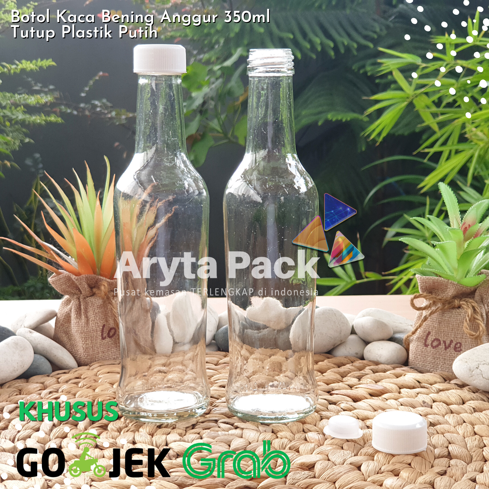 jual botol kaca bening 350ml anggur tutup plastik putih